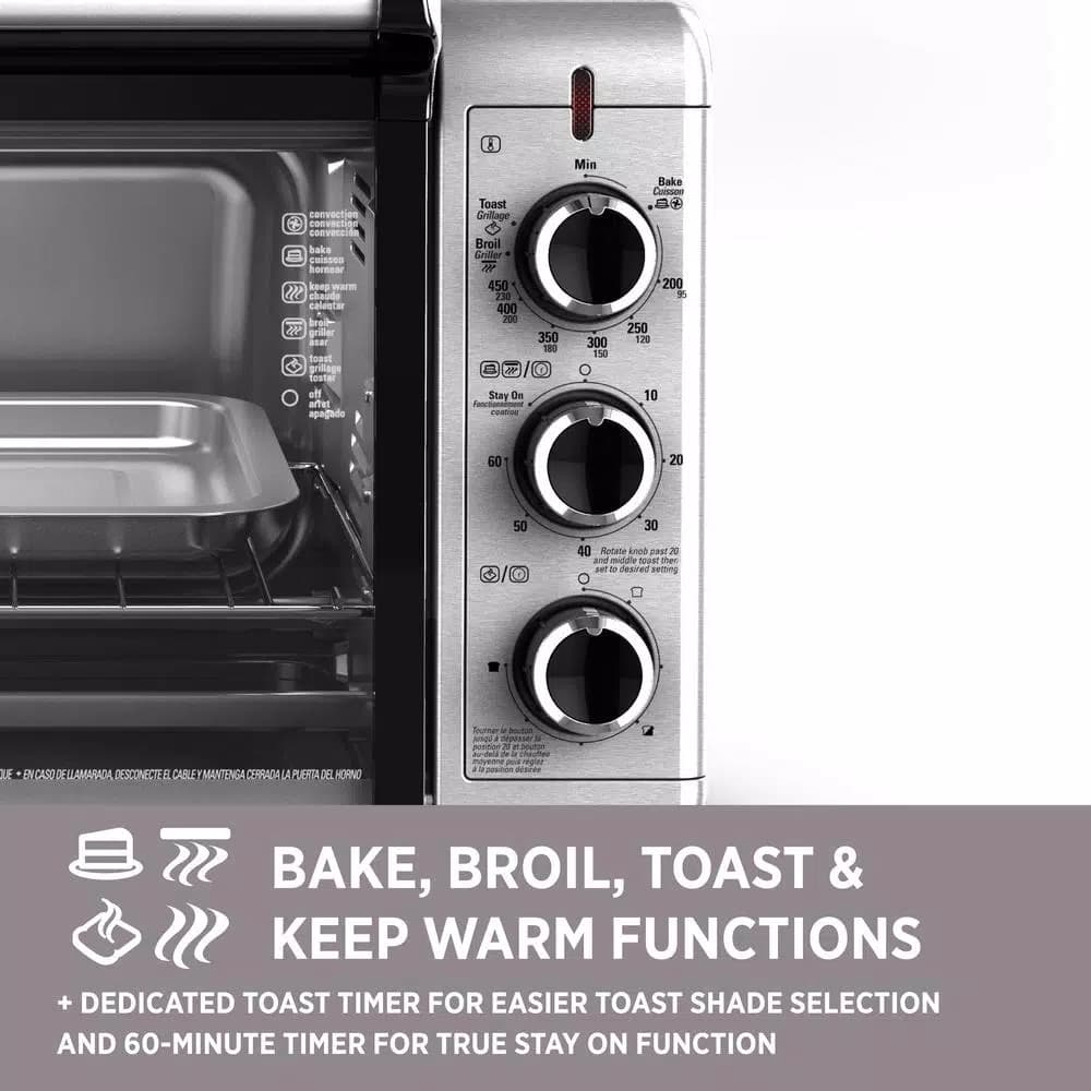 BLACK+DECKER 1500W 6-Slice Stainless Steel Convection Toaster Oven with Broiler Pan
