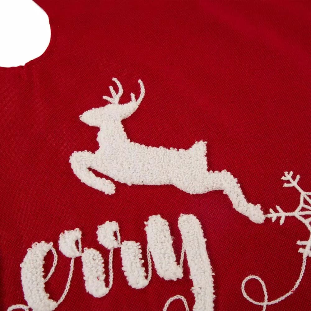 Glitzhome 48 in. Merry Christmas Fabric Tree Skirt with Reindeer and Snowflake Pattern