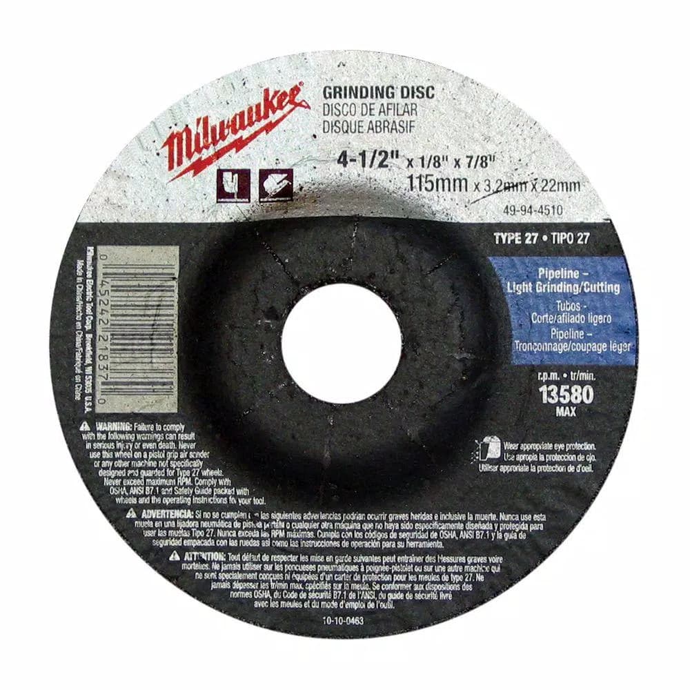 Milwaukee 4-1/2 in. x 1/4 in. x 7/8 in. Type 27 Grinding Wheel, 24 Grit Aluminum Oxide