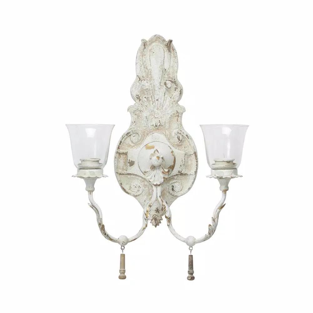 LITTON LANE Distressed White 2-Light Candle Sconce with Acanthus Carvings and Wood Bead Accents