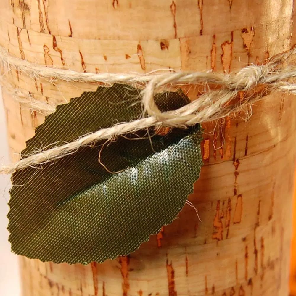 LUMABASE 4 in. Cork Wrapped Flameless LED Pillar Candles with Leaf and Jute Bow (Set of 2)