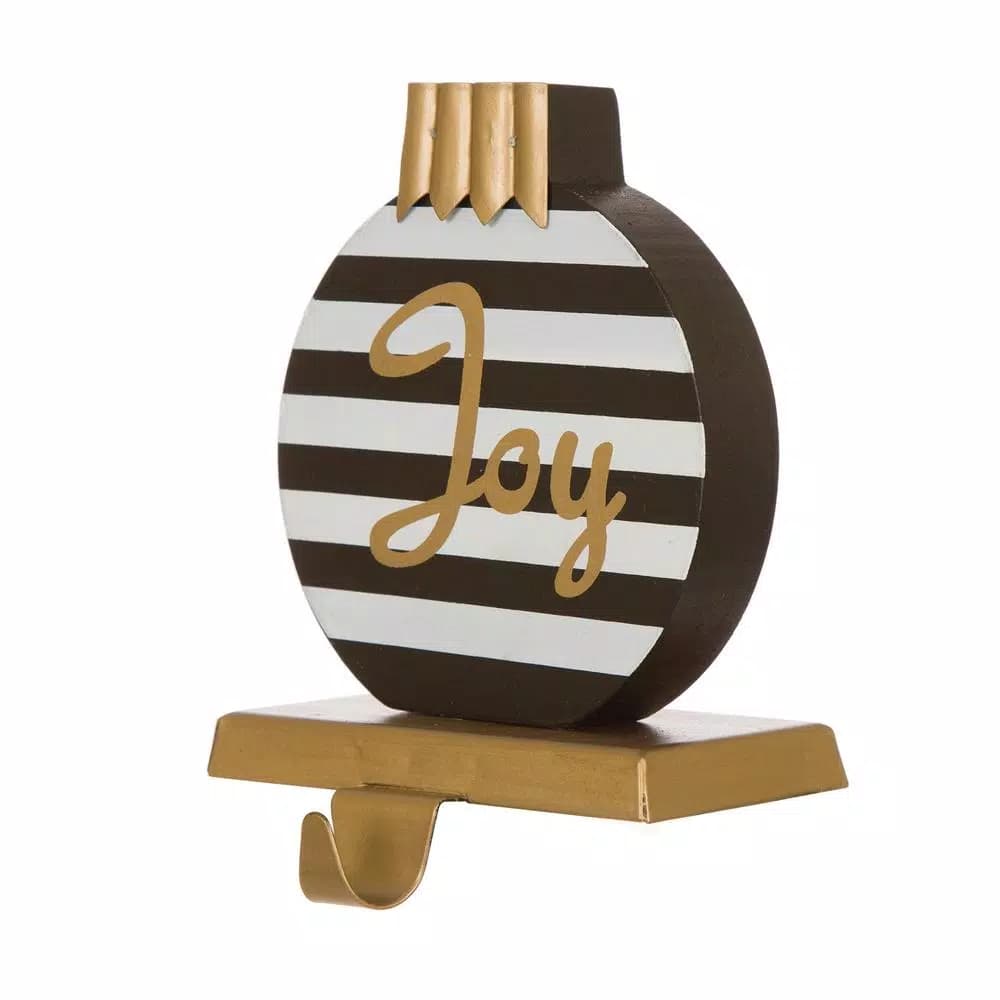 Glitzhome 6.89 in. Striped Wooden and Metal Stocking Holder with Joy Design