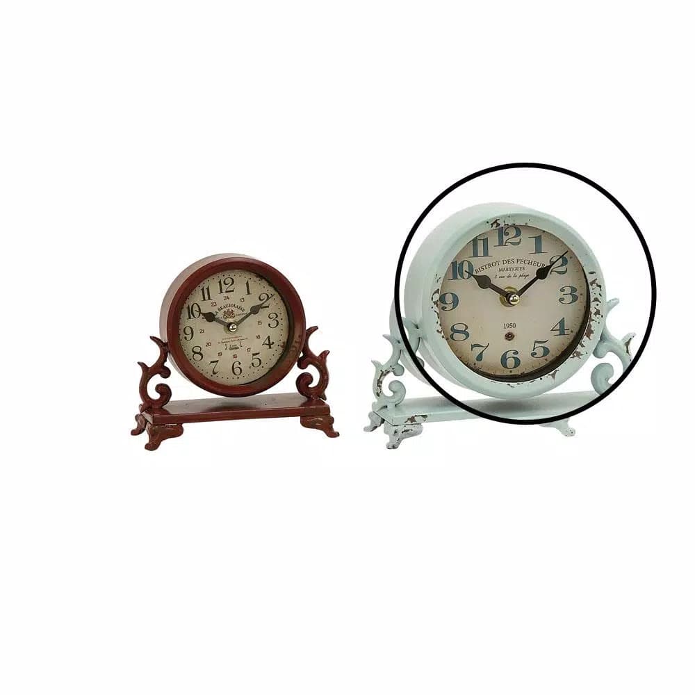 LITTON LANE 7 in. Burgundy Red and Mint Green Round Table Clocks with Scrollwork Base, Set of 2