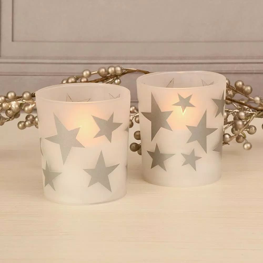 LUMABASE Silver Stars Frosted Glass LED Battery Operated Candles, 2-Count
