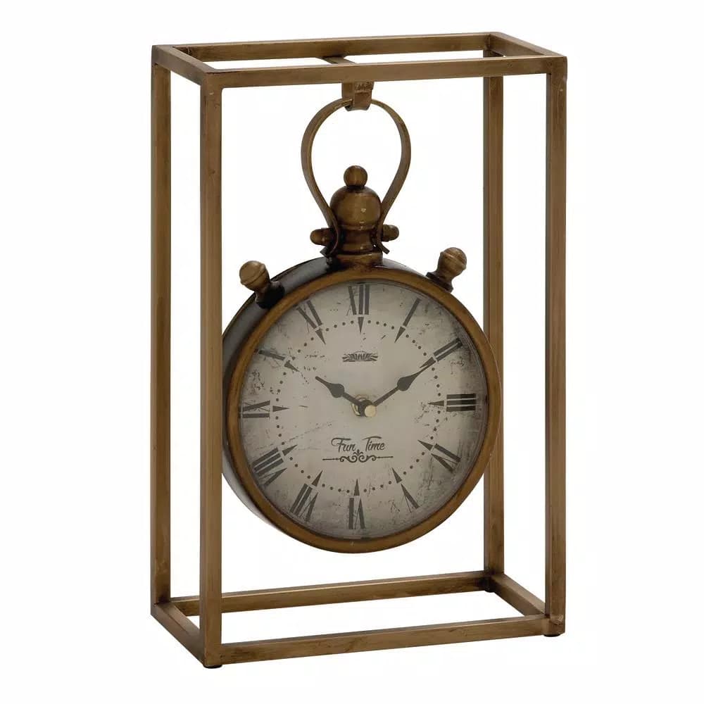 LITTON LANE 13 in. Round Iron Table Clock with Rectangular Metal Frame, Tarnished Bronze Finish