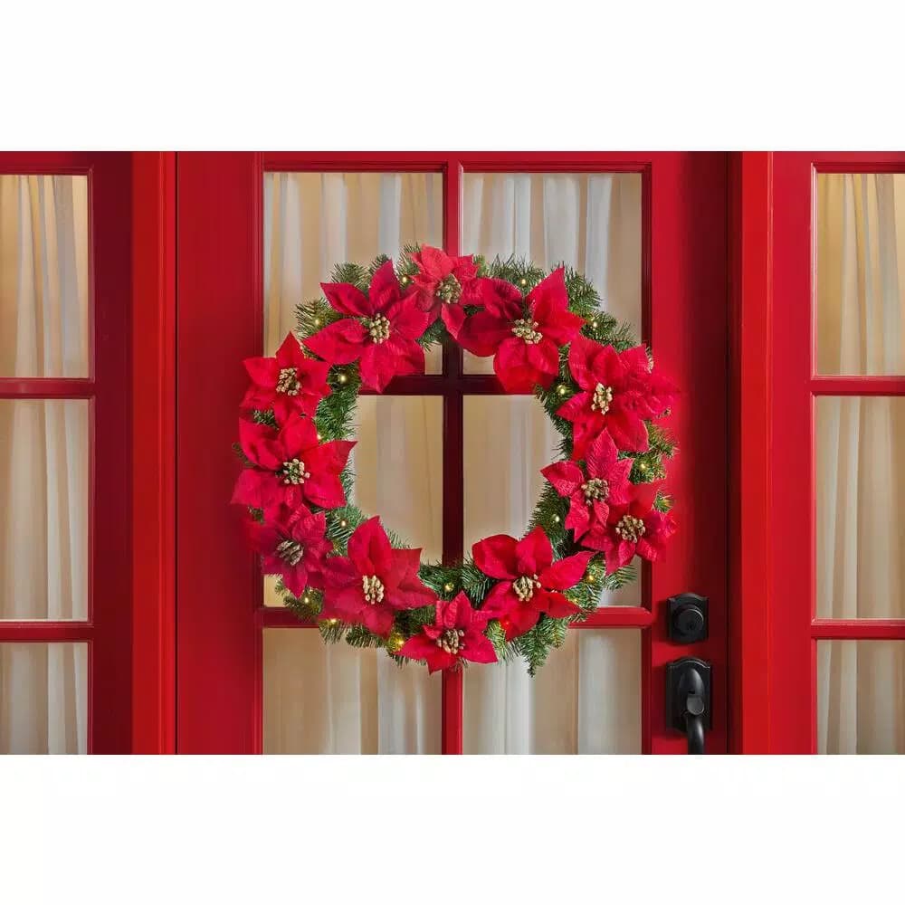 Home Accents Holiday 30 in. Berry Bliss Pre-Lit LED Artificial Christmas Wreath with Red Poinsettias