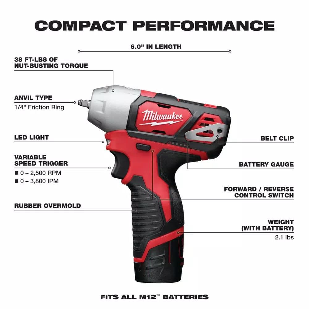 Milwaukee M12 12V Lithium-Ion Cordless 1/4 in. Impact Wrench Kit with (2) 1.5 Ah Batteries, Charger & Hard Case