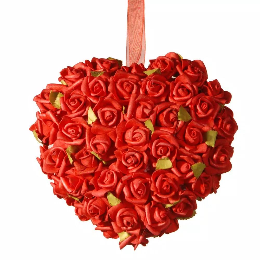 National Tree Company 7 in. Red Rose Heart Fabric Flower Wreath Decoration