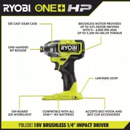 RYOBI 18V ONE+ HP Brushless 2-Tool Combo Kit: 1/2 in. Drill/Driver and 1/4 in. Impact Driver with (2) 2.0 Ah Batteries thumbnail 4