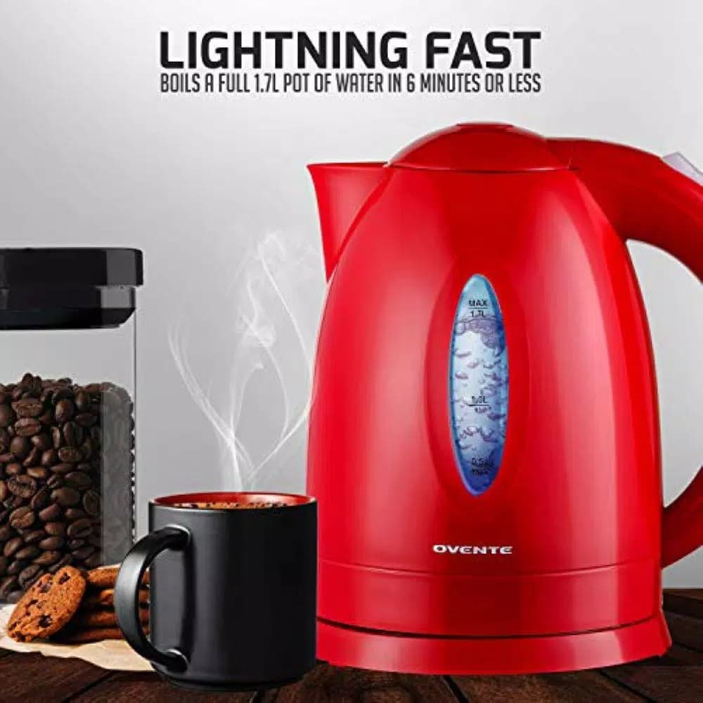 Ovente KP72R 1.7L Electric Kettle, 1100W Fast Boiling Water Kettle with Auto Shut-Off, Red