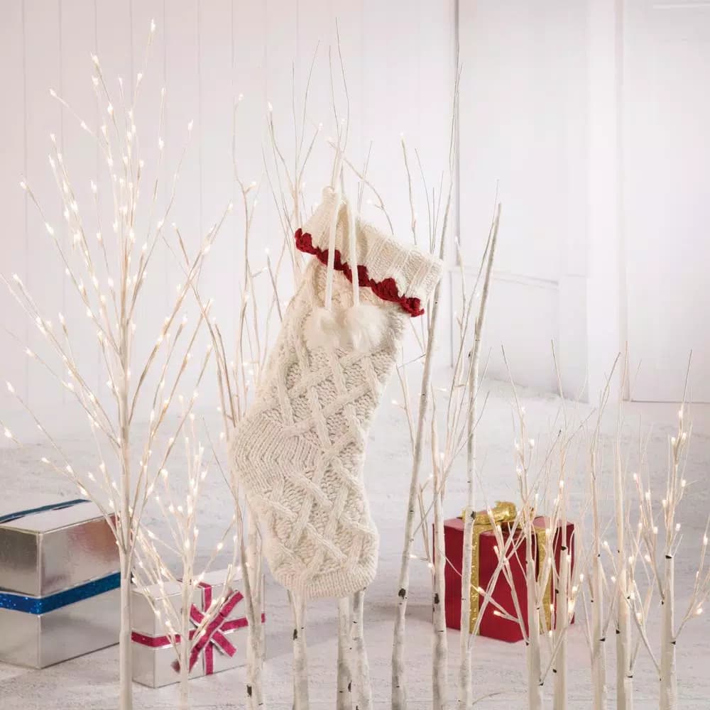 Glitzhome 22 in. White Knitted Christmas Stocking with Red Trim and Pompoms