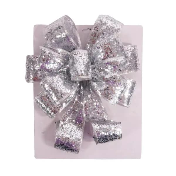 Santaland Sparkle 11 in. x 31 in. Silver Burlap Christmas Tree Topper Bow