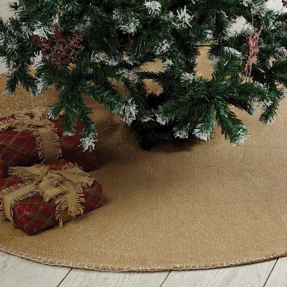 VHC Brands Nowell Farmhouse 48 in. Natural Burlap Christmas Tree Skirt with Silver Metallic Whipstitching