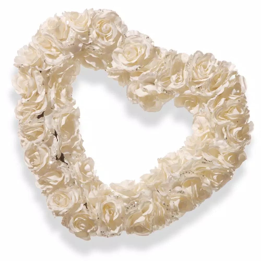 National Tree Company 17 in. White Rose Heart Wreath - Fabric Floral Wedding Decoration
