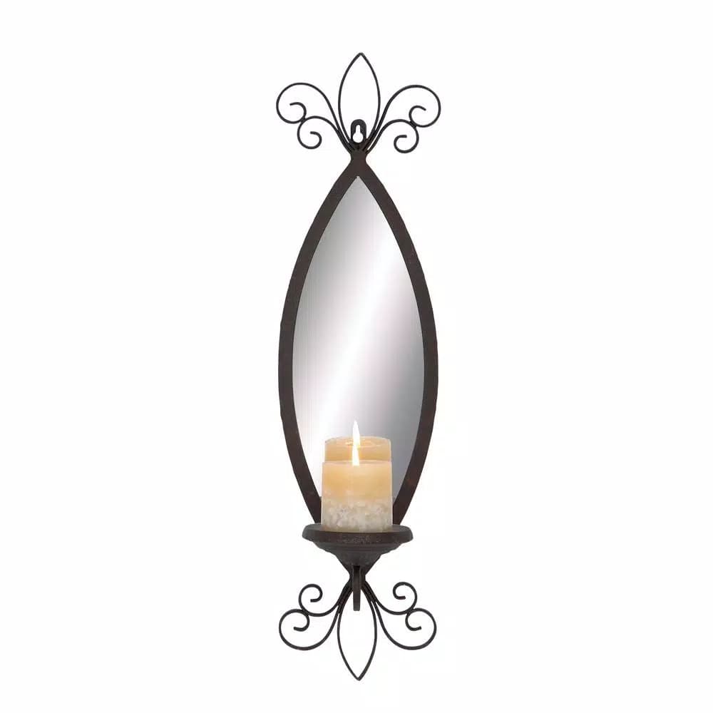 LITTON LANE 25 in. New Traditional Wall Candle Sconce with Elliptical Mirror and Textured Bronze Finish