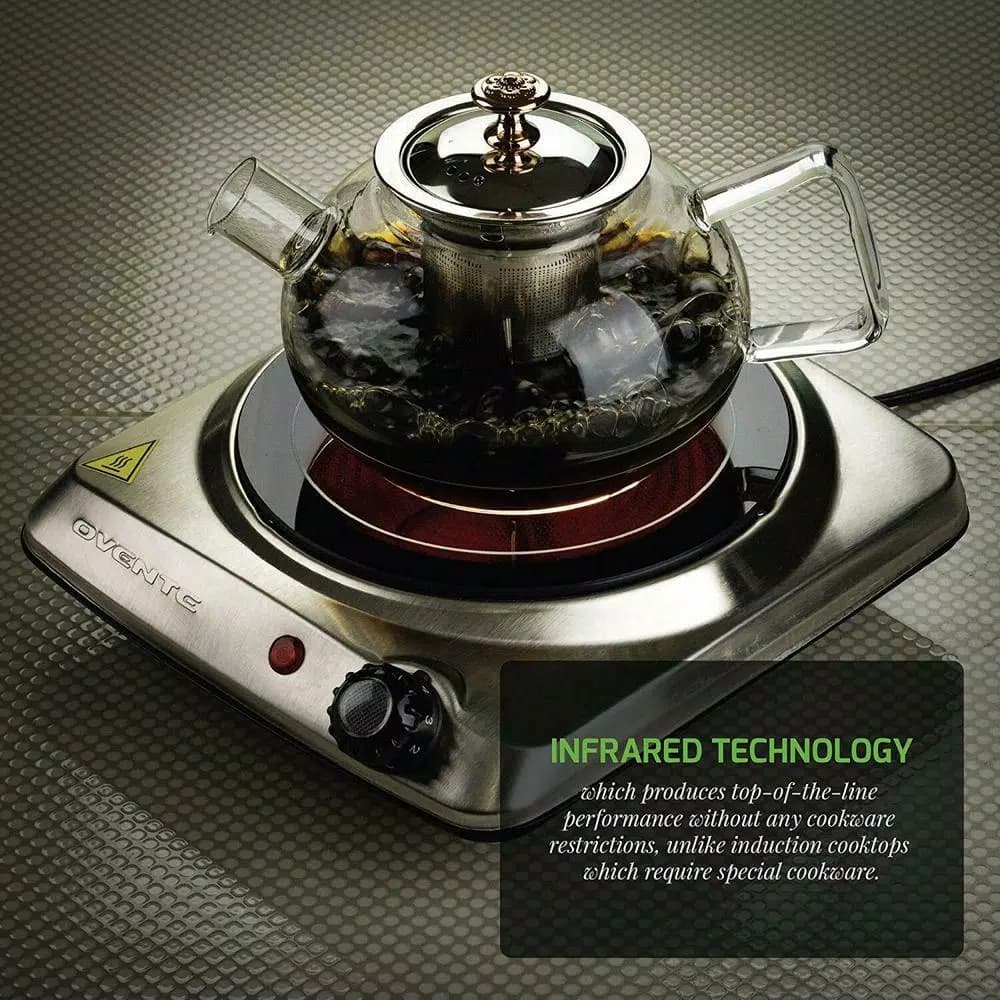 Ovente 1000W Single Hot Plate Electric Infrared Glass Cooktop Burner, 7 in., Silver