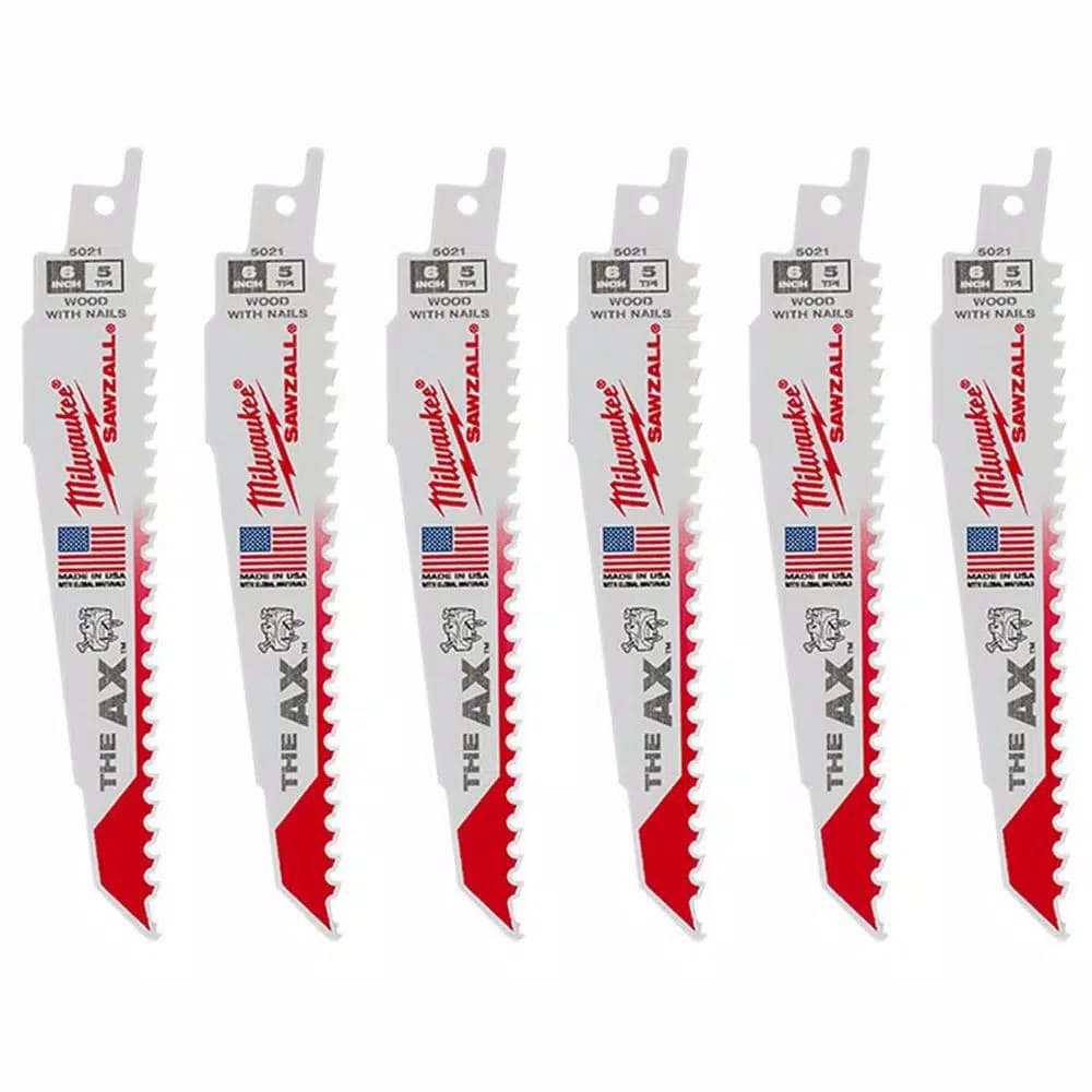 Milwaukee AX Carbide Teeth Reciprocating Saw Blades, 6 in., 5 TPI, Nail-Embedded Wood (6 Pack)