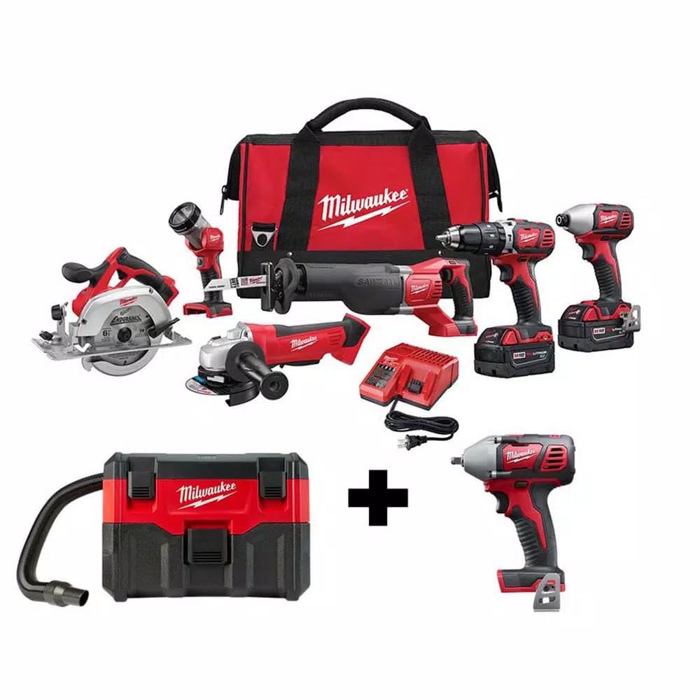 Milwaukee M18 18V Lithium-Ion Cordless 6-Tool Combo Kit with Wet/Dry Vacuum and 3/8 in. Impact Wrench