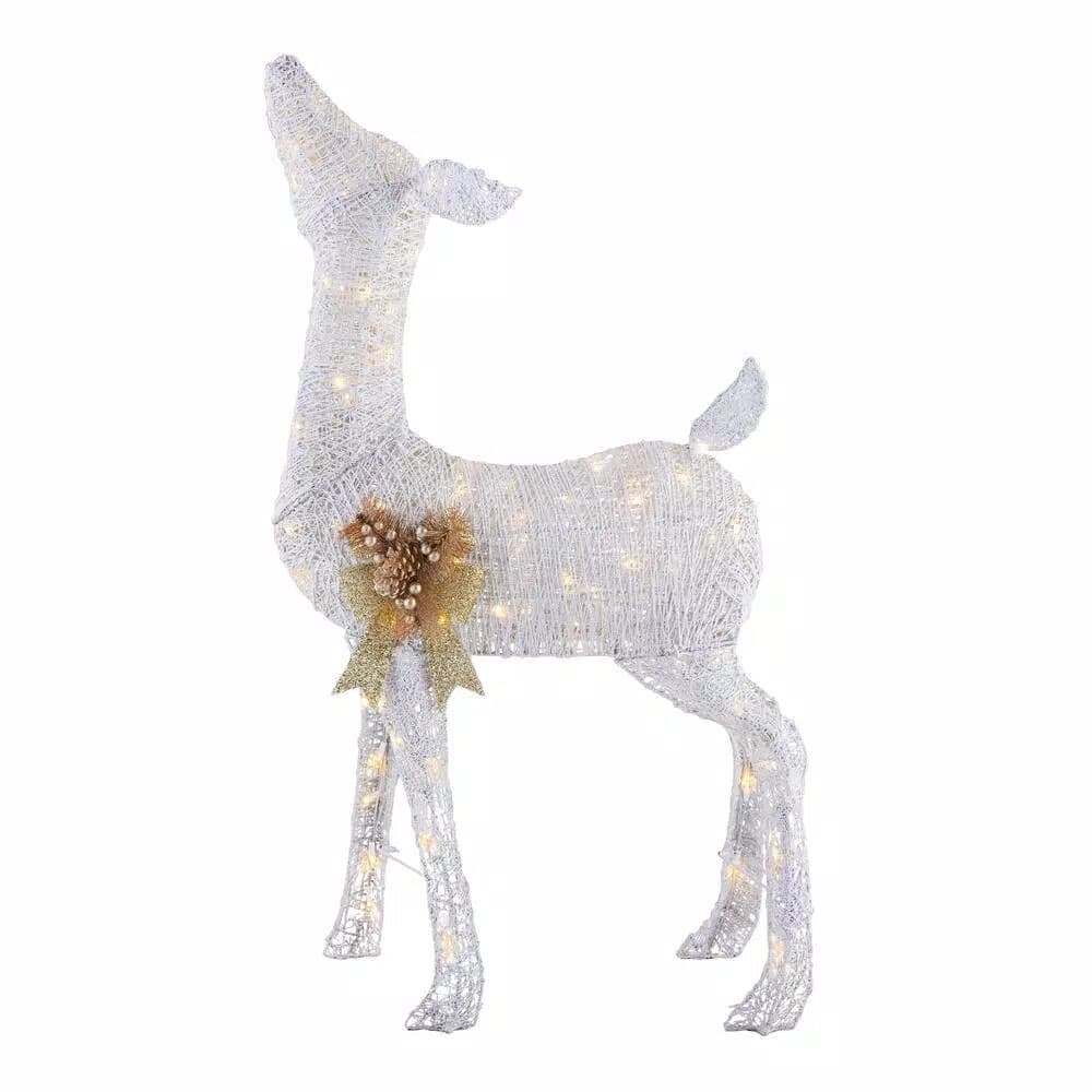 Home Accents Holiday 4 ft LED White Deer with Gold Bow, 80 Warm White Lights, Indoor/Outdoor Yard Decoration