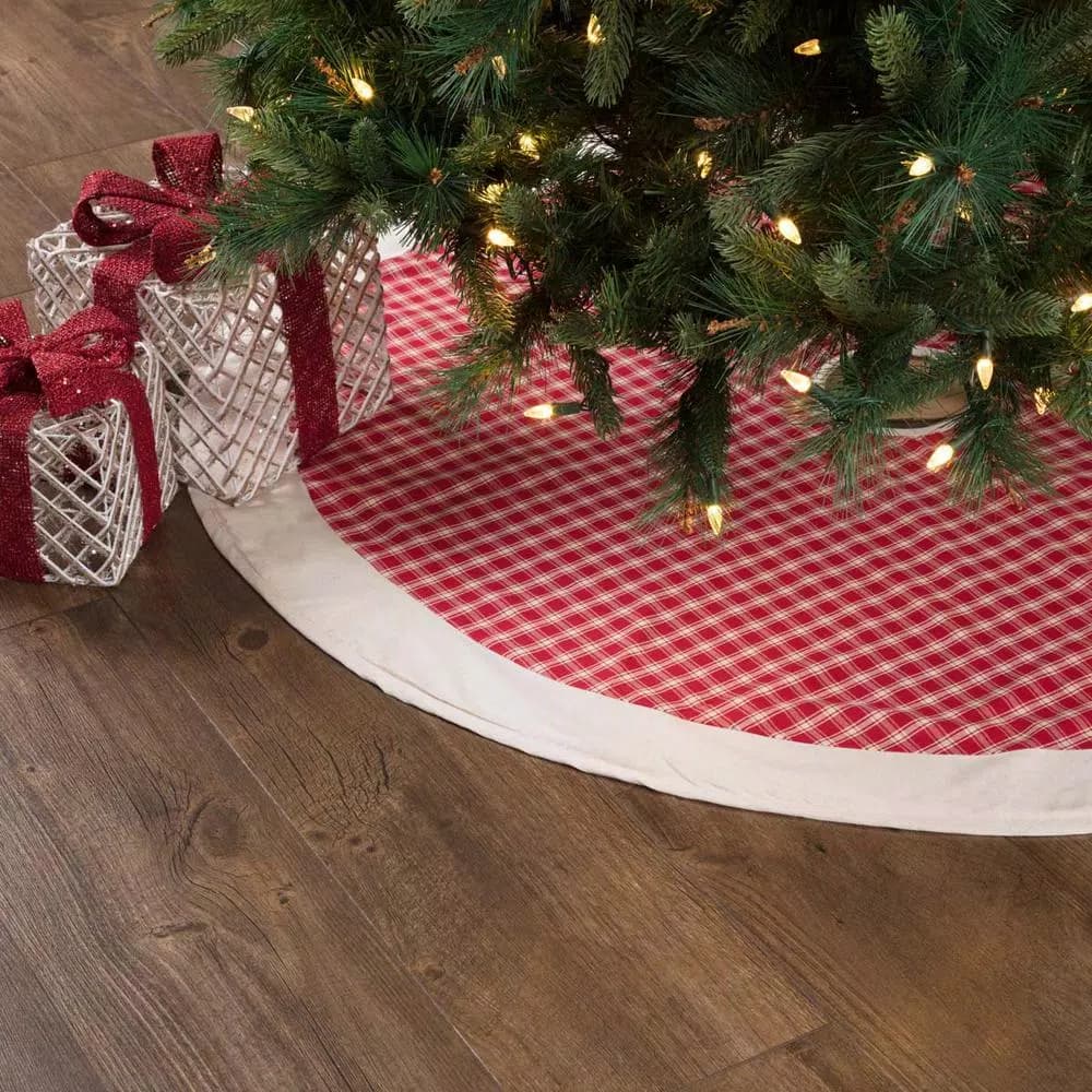 VHC Brands 48 in. Red Plaid Christmas Farmhouse Tree Skirt with Flannel Lining