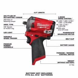 Milwaukee M12 FUEL 3/8 in. Stubby Brushless Cordless Impact Wrench (Tool-Only) thumbnail 3