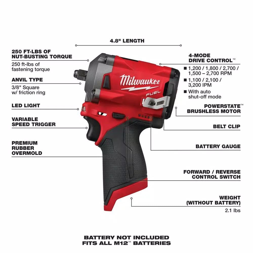 Milwaukee M12 FUEL 3/8 in. Stubby Brushless Cordless Impact Wrench (Tool-Only)