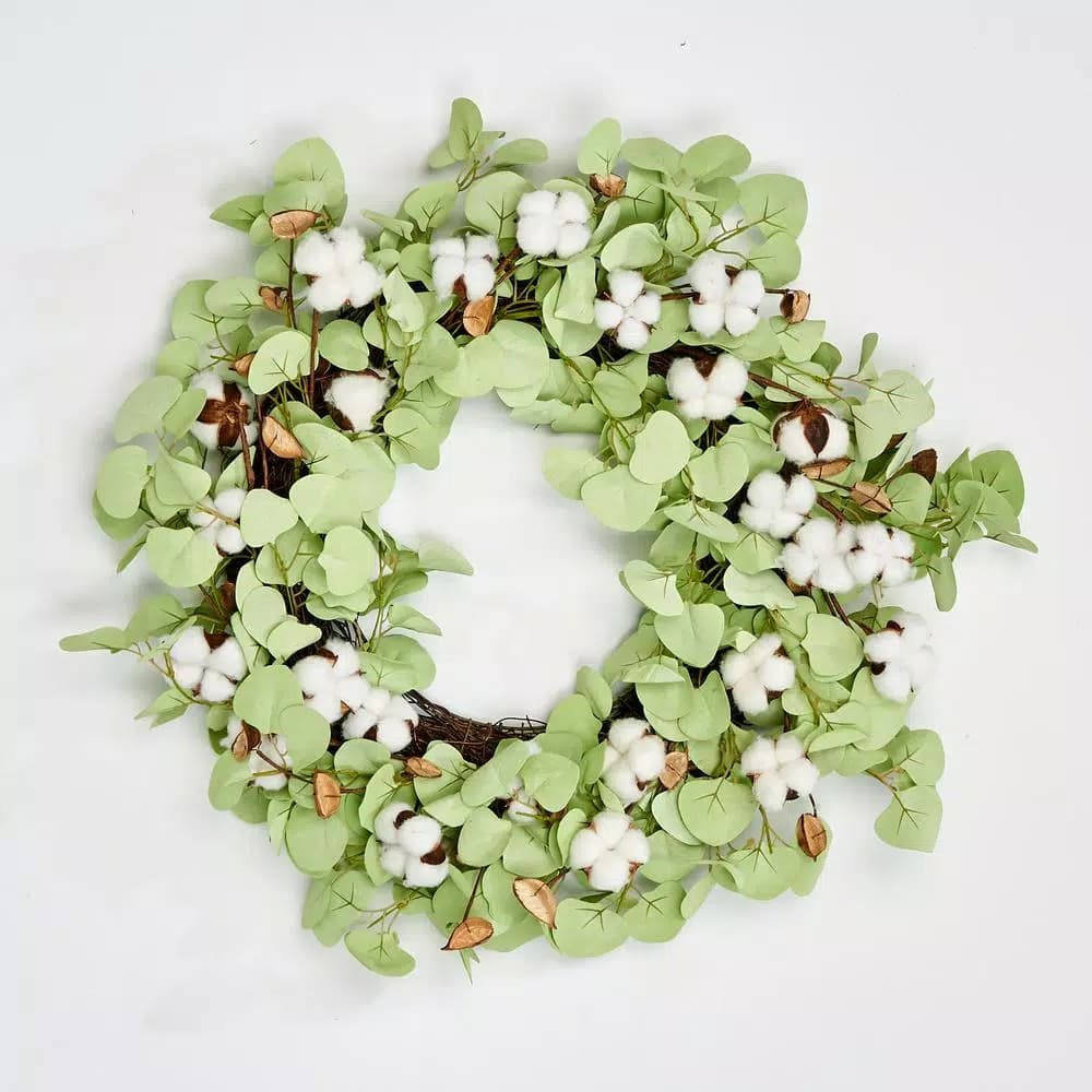 Worth Imports 24 in. Cotton and Seed Pod Wreath with Pale Green Leaves on Natural Twig Base