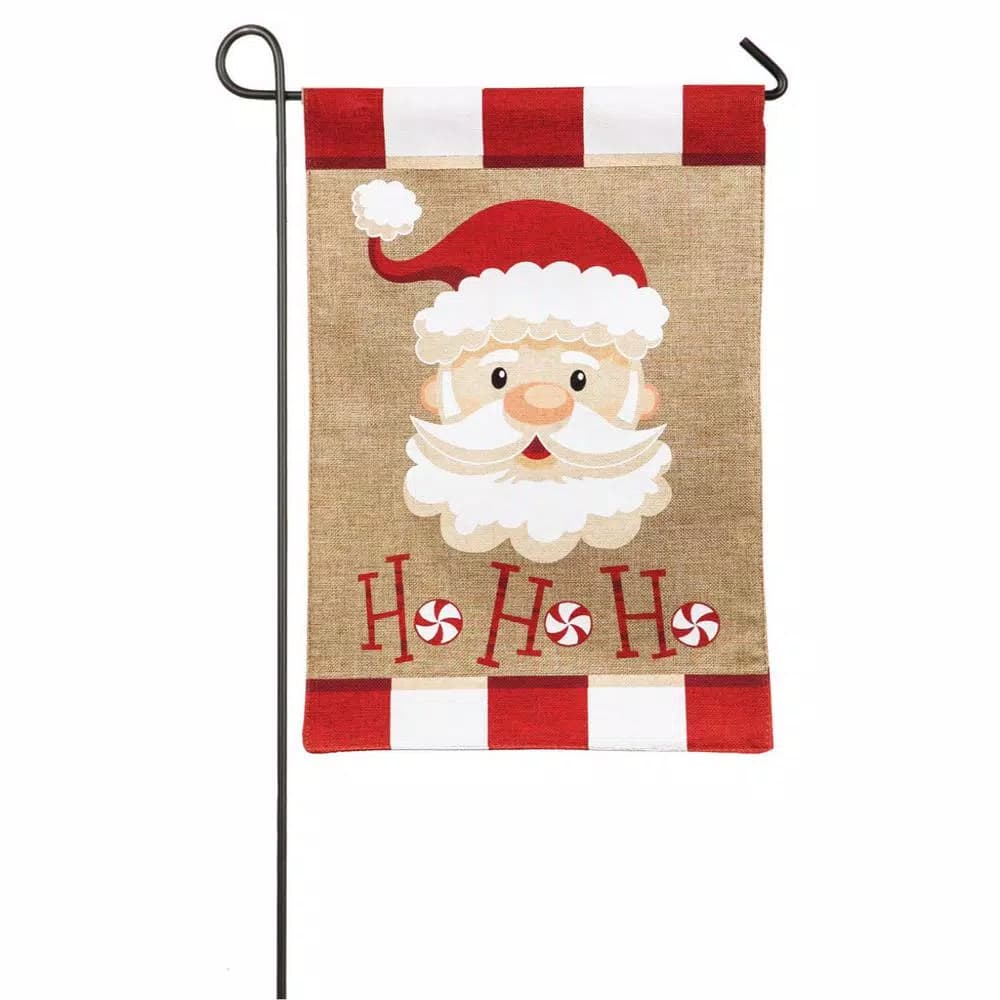 Evergreen Santa Ho Ho Ho Christmas Garden Burlap Flag, 18 in. x 12.5 in. Double-Sided Polyester Flag
