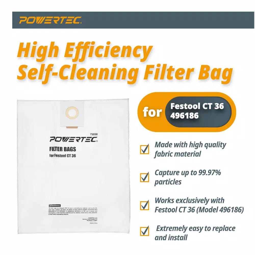 POWERTEC Self-Cleaning Fleece Filter Replacement Bags for Festool CT 36 (5-Pack)