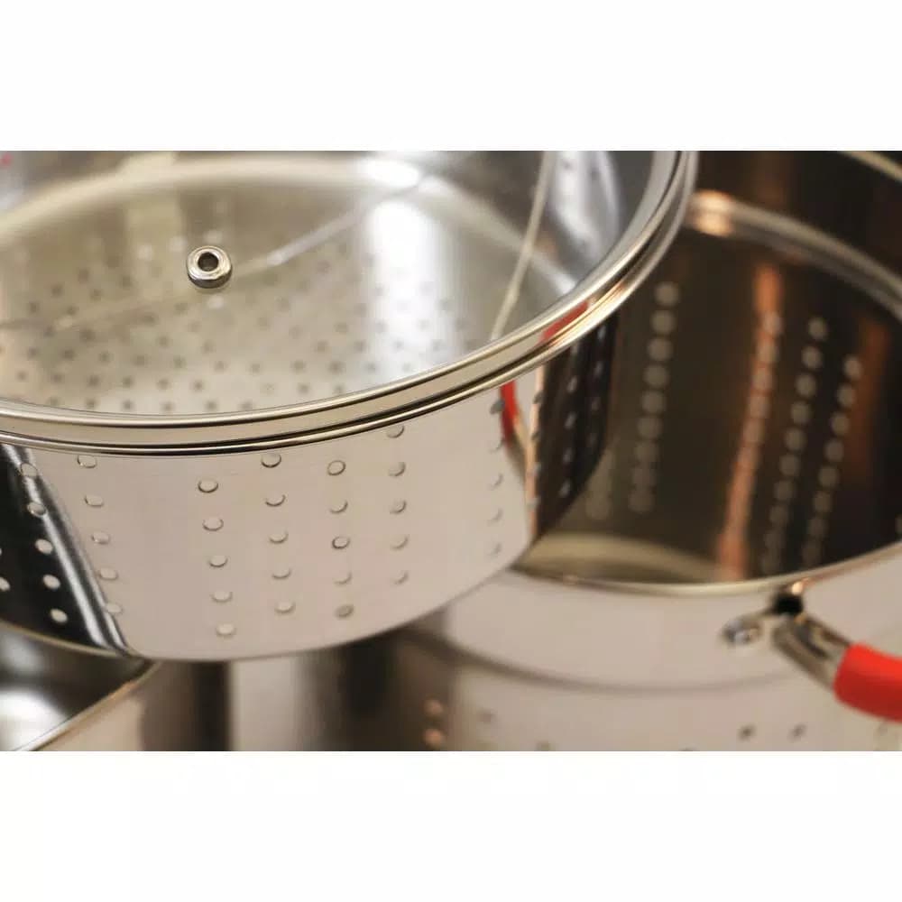 ExcelSteel 8 Qt. Stainless Steel Multi-Cooker Pasta Pot Set with Steamer Insert and Red Silicone Handles