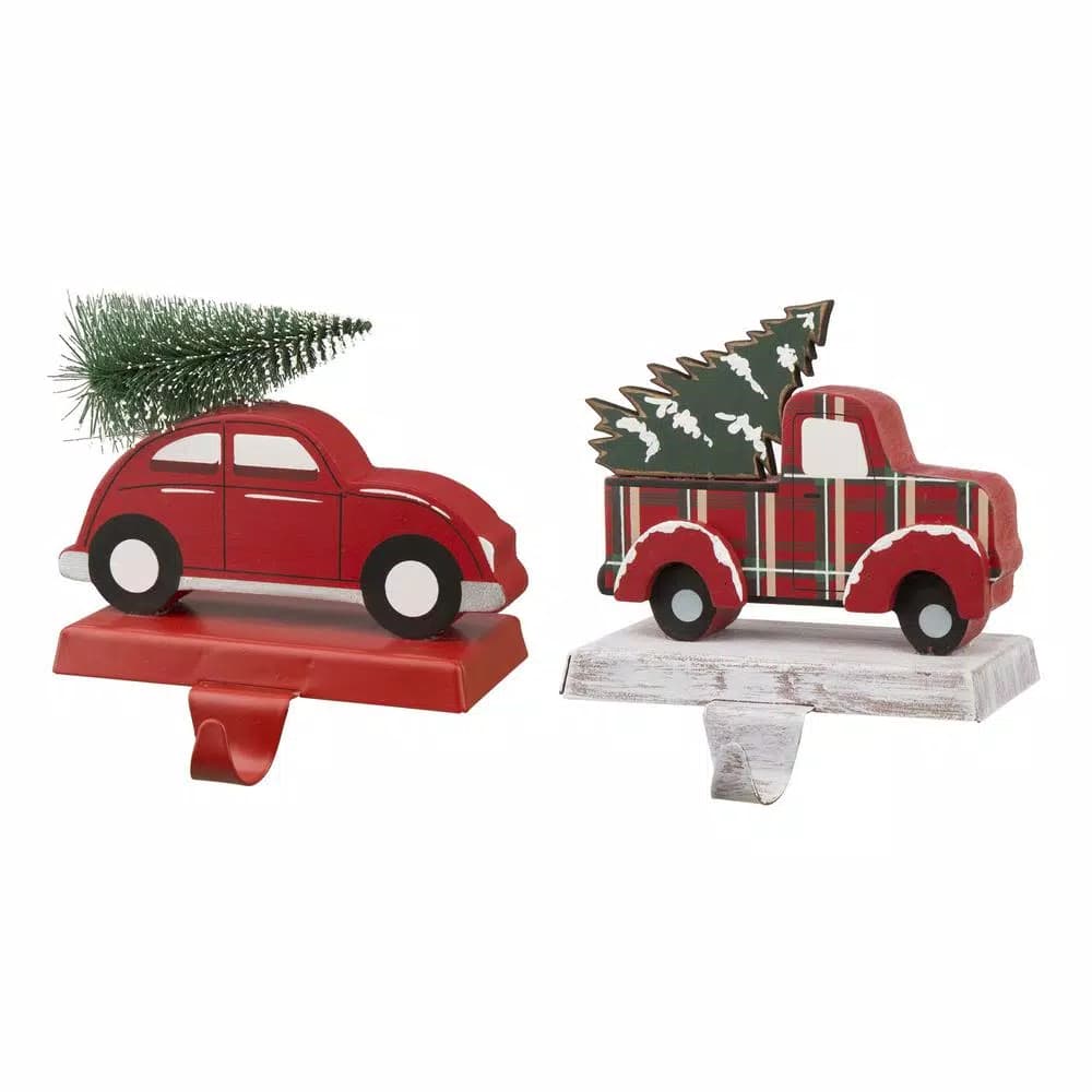 Glitzhome Red Car and Truck Wooden/Metal Stocking Holders, Set of 2
