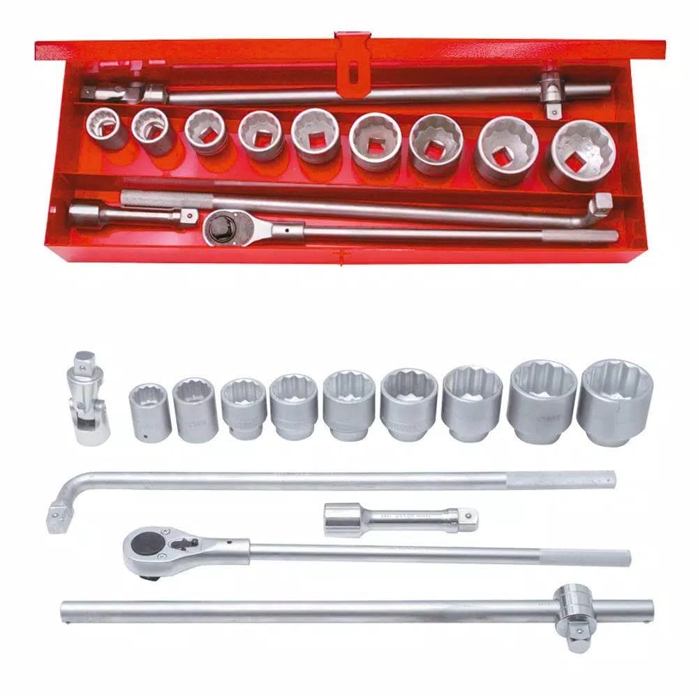 URREA 1 in. Drive 12-Point Metric Hand Socket & Accessories Set, 15-Piece Professional Set
