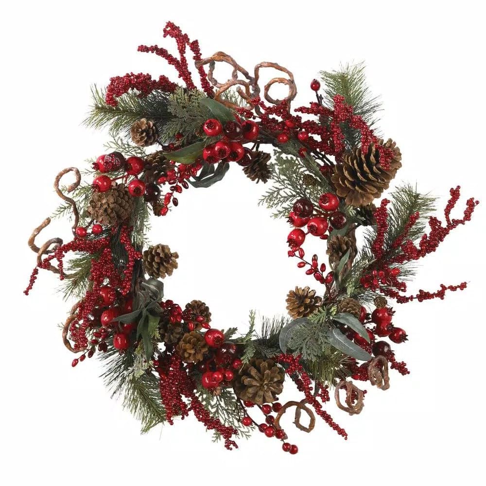 Nearly Natural 24 in. Assorted Berry and Pine Cone Artificial Wreath, Multi-Color