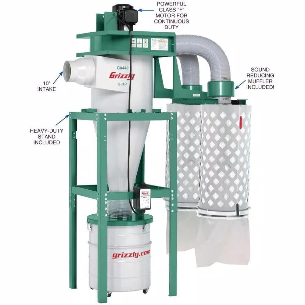 Grizzly Industrial 5 HP Cyclone Dust Collector with 55 Gal. Steel Drum and BIA Certified Cartridge Filter