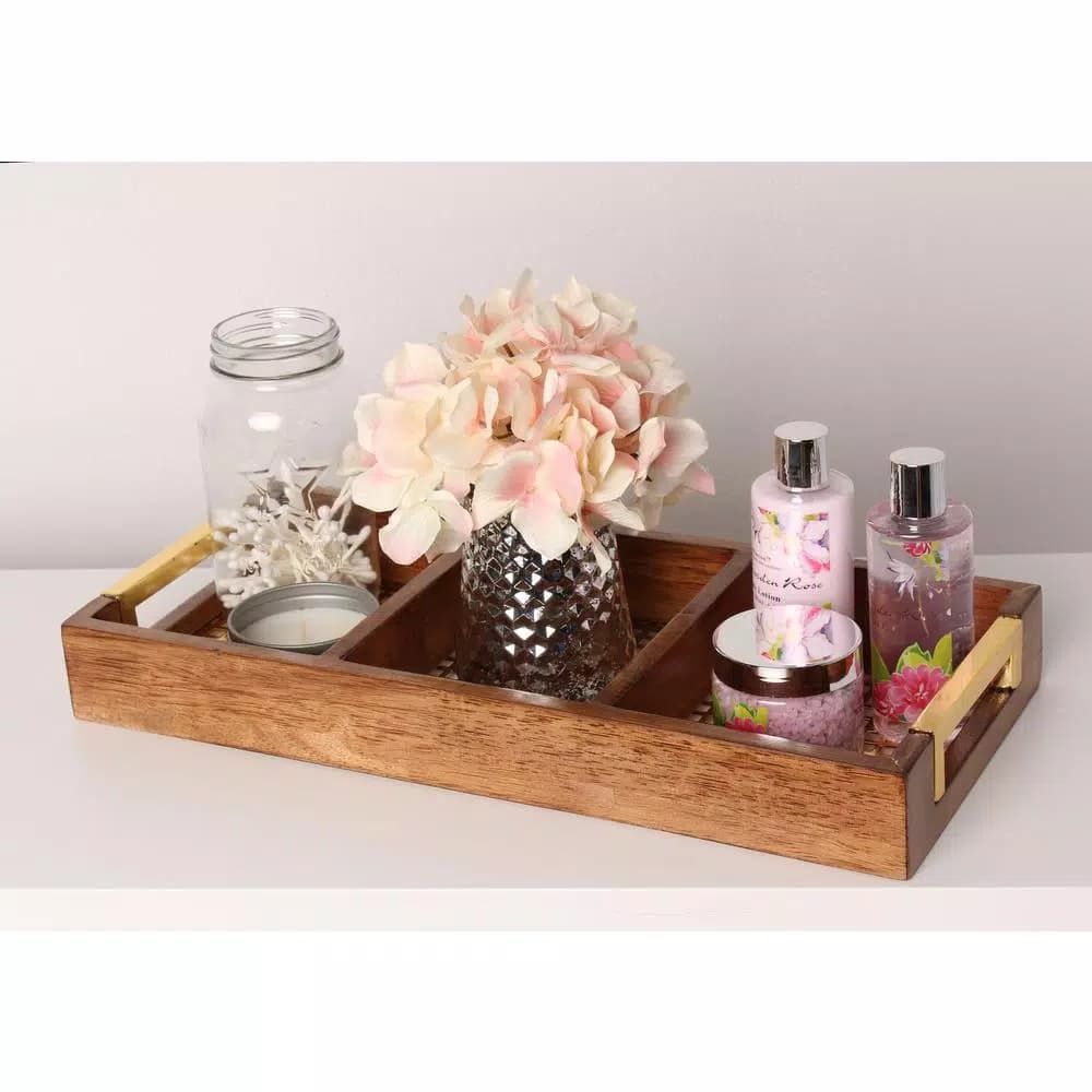 Kate and Laurel Hanneli Gold and Walnut Wood Divided Decorative Tray with 3 Sections