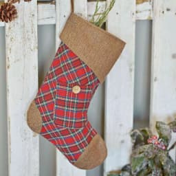 VHC Brands 15 in. Gavin Cherry Red Plaid Cotton Christmas Stocking with Herringbone Felt Accents thumbnail 3