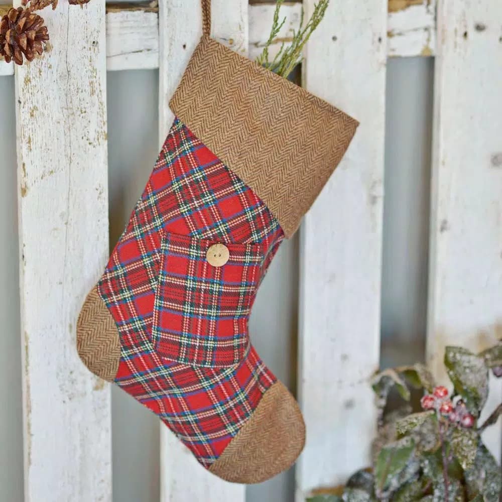 VHC Brands 15 in. Gavin Cherry Red Plaid Cotton Christmas Stocking with Herringbone Felt Accents