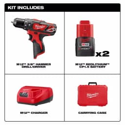 Milwaukee M12 12V Lithium-Ion Cordless 3/8 in. Hammer Drill/Driver Kit with Two 1.5 Ah Batteries and Hard Case thumbnail 2