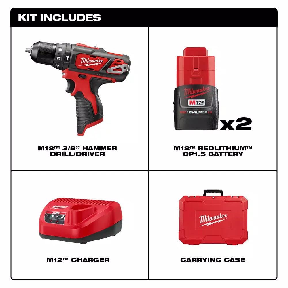 Milwaukee M12 12V Lithium-Ion Cordless 3/8 in. Hammer Drill/Driver Kit with Two 1.5 Ah Batteries and Hard Case