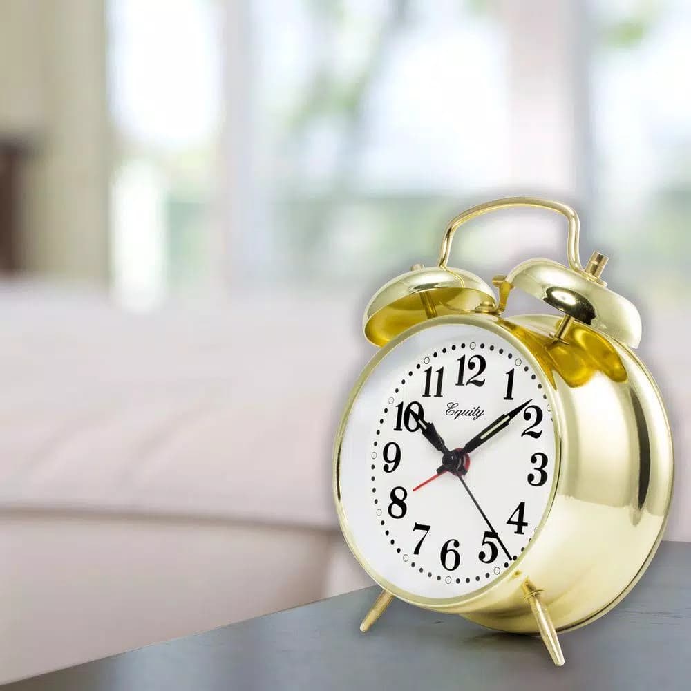 Equity by La Crosse Analog 4.5 in. Gold Metal Twin Bell Keywind Alarm Clock