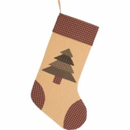 VHC Brands 20 in. Cotton Sequoia Creme White Rustic Christmas Stocking with Burgundy Check Accents thumbnail 1