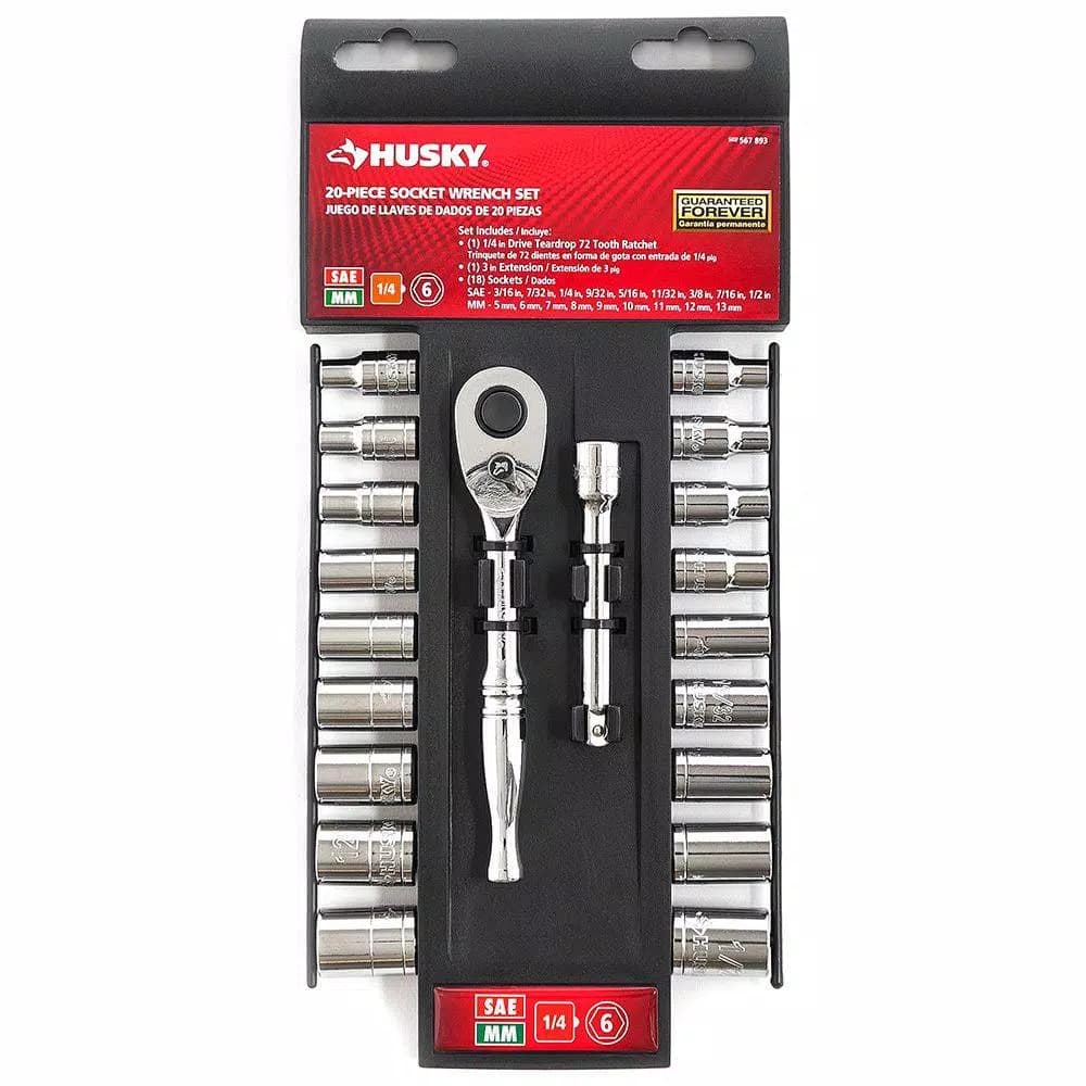 Husky 20-Piece 1/4 in. Drive Ratchet and Socket Set, SAE/Metric
