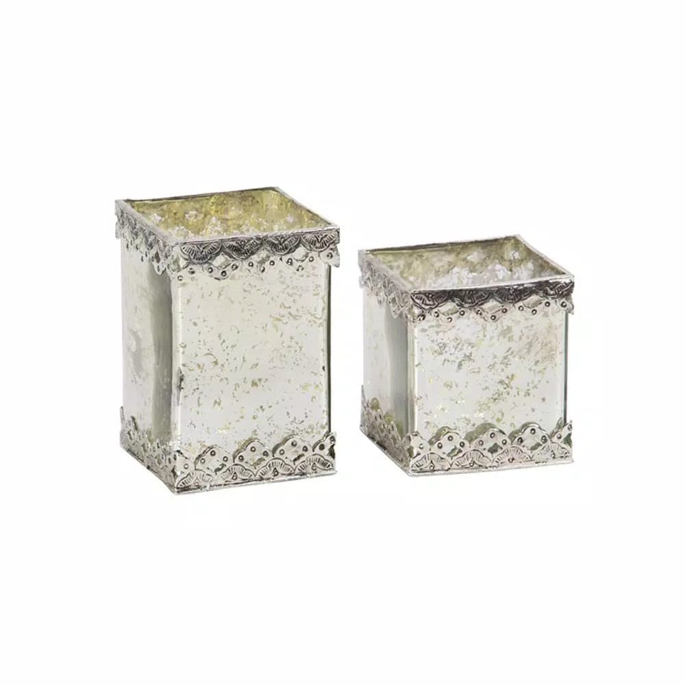 LITTON LANE White Cuboid Glass Candle Holders with Silver Ornate Details, Set of 2