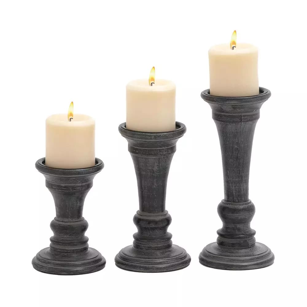 LITTON LANE Distressed Black Mango Wood Candle Holder Set of 3 - Rustic Tapered Design