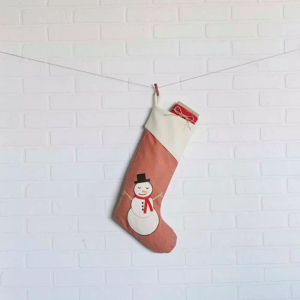 VHC Brands 20 in. Let It Snow Christmas Stocking - Apple Red Micro-Houndstooth & Creme Felt Snowman