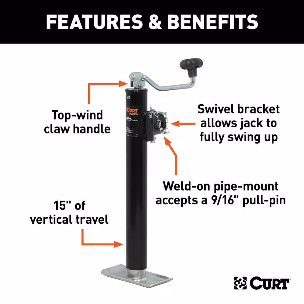CURT Pipe-Mount Swivel Trailer Jack with Top Handle, 5,000 lbs. Capacity, 15 in. Travel