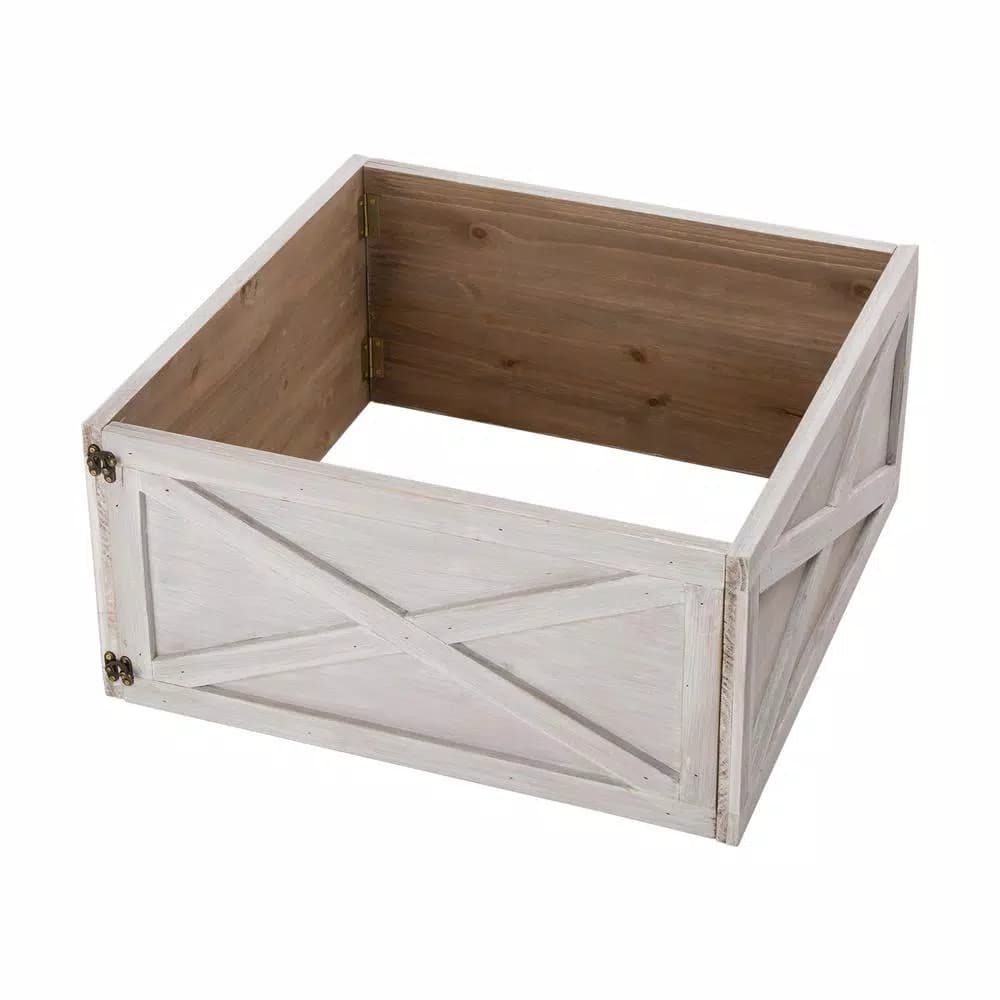 Glitzhome 22.09 in. Washed White Wooden Tree Collar - Rustic Farmhouse Christmas Tree Box