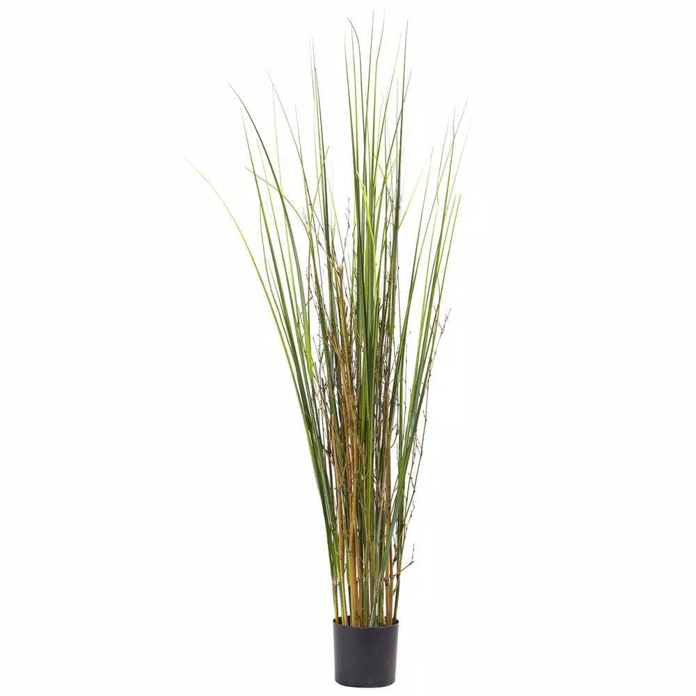 Nearly Natural 4 ft. Artificial Grass and Bamboo Plant in Black Planter