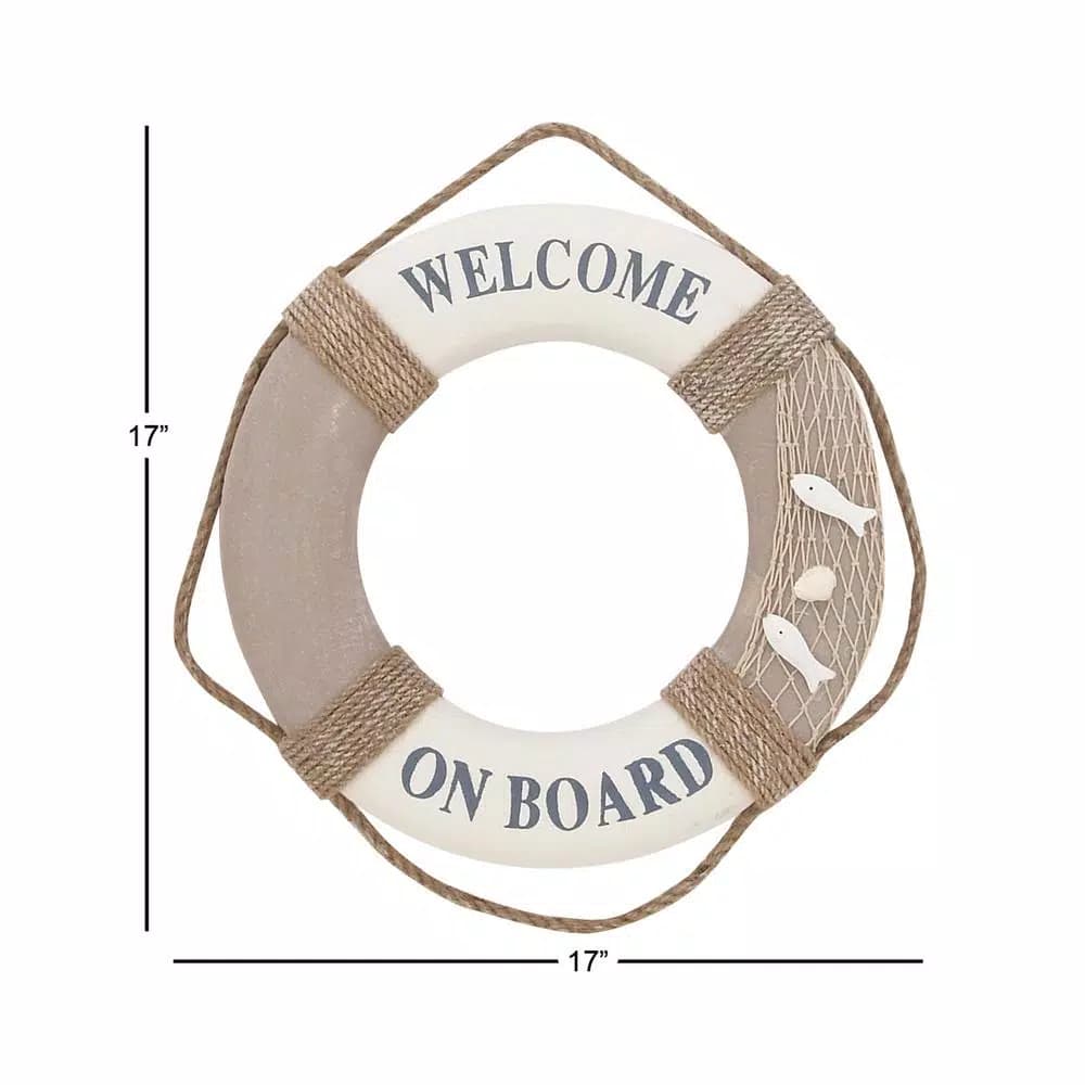 LITTON LANE 16 in. Coastal Living Decorative Life Ring Wall Decor - White & Brown Nautical Lifebuoy with Rope Hanger