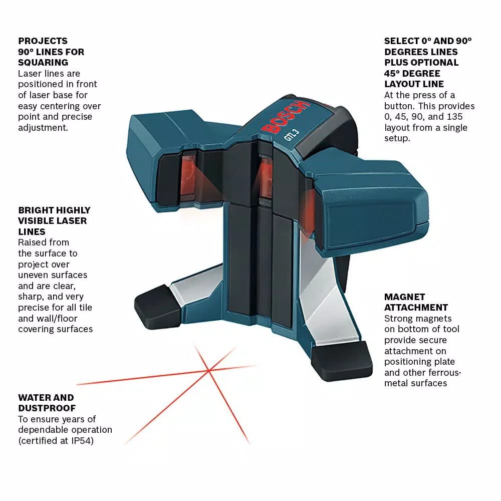 Bosch GTL3 Tile and Square Layout Laser Level, 3-Beam Red Laser